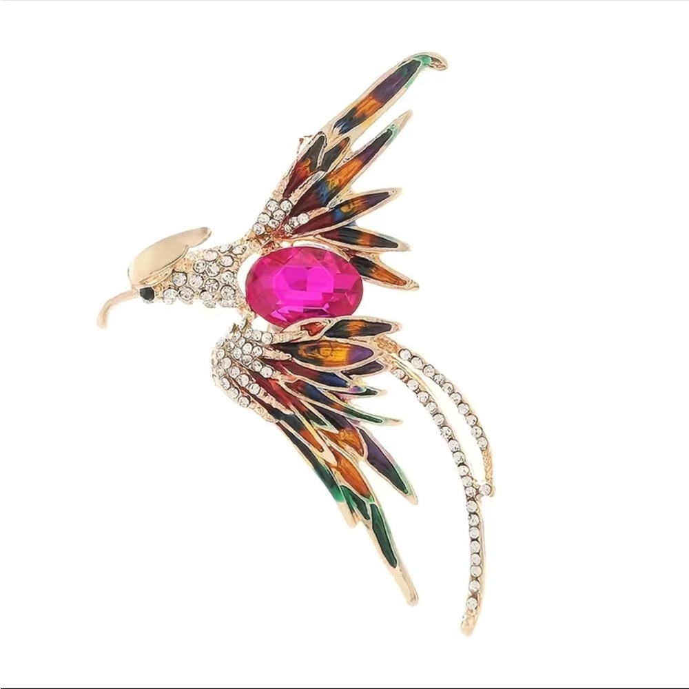 Colorful Enameled Phoenix Brooch with Big Pink Sapphire Gold 14K Plated